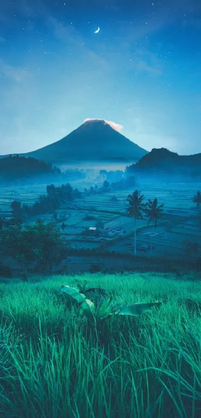 Majestic mountain under a starry night sky with serene fields.