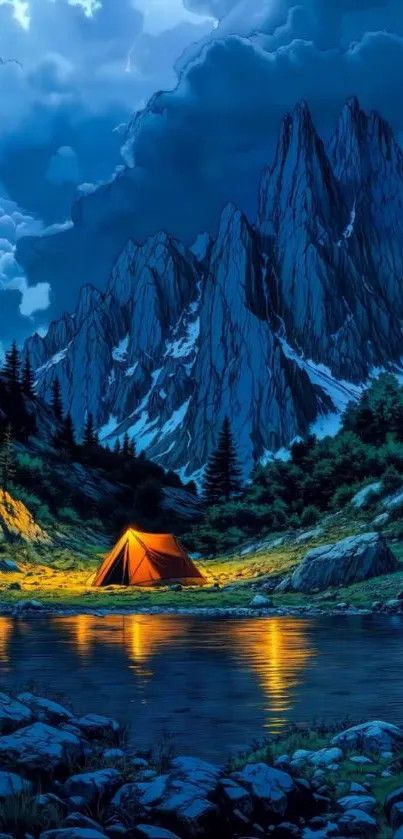 Scenic mountain landscape with a tent by a lake at night.