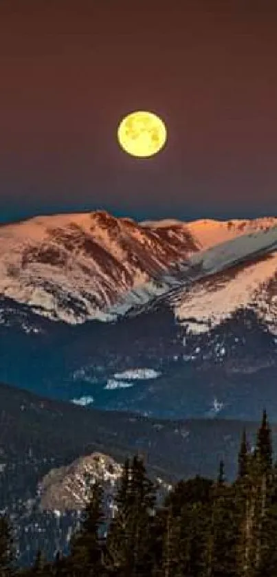 Full moon over snow-capped mountains at night.