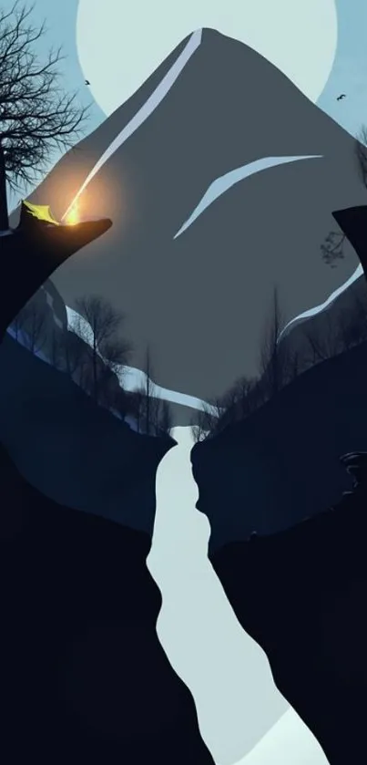 Minimalist mountain night scene with glowing tent.