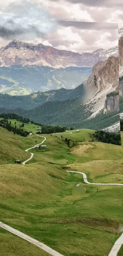 Mountain path through lush meadows wallpaper.