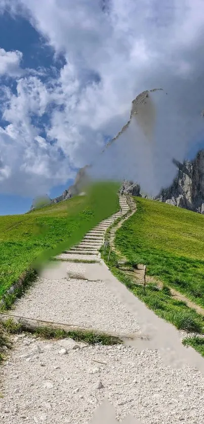 Stone path leading up a green hill under a blue sky.