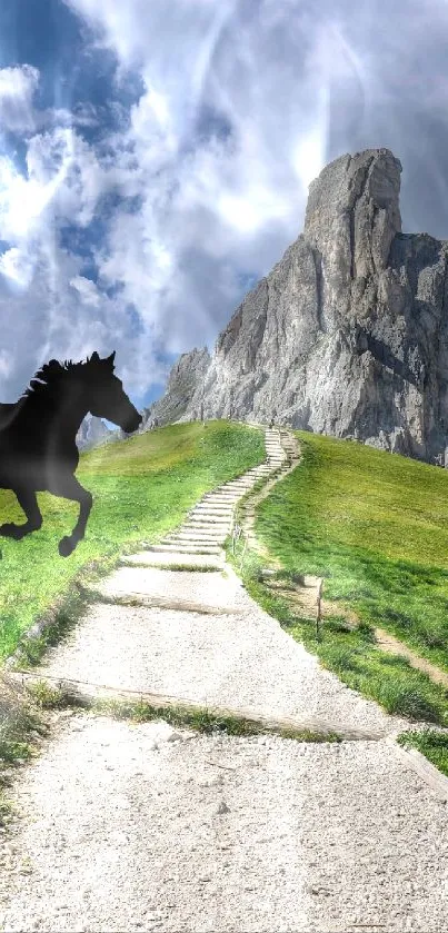 Scenic mountain path with a horse silhouette under a vibrant sky.