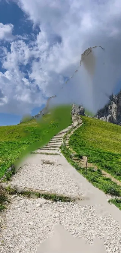 Scenic mountain path with green hills and cloudy sky.