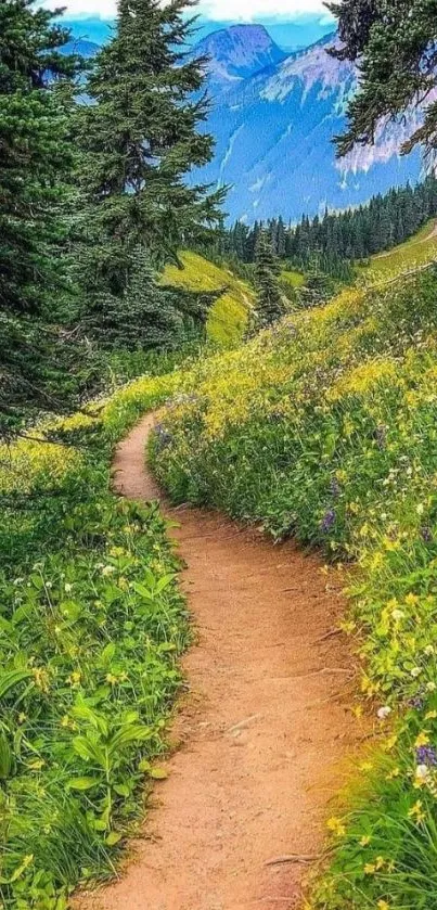 Scenic mountain path with lush greenery and distant mountains.