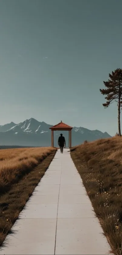 A person walking towards a mountain on a scenic pathway.