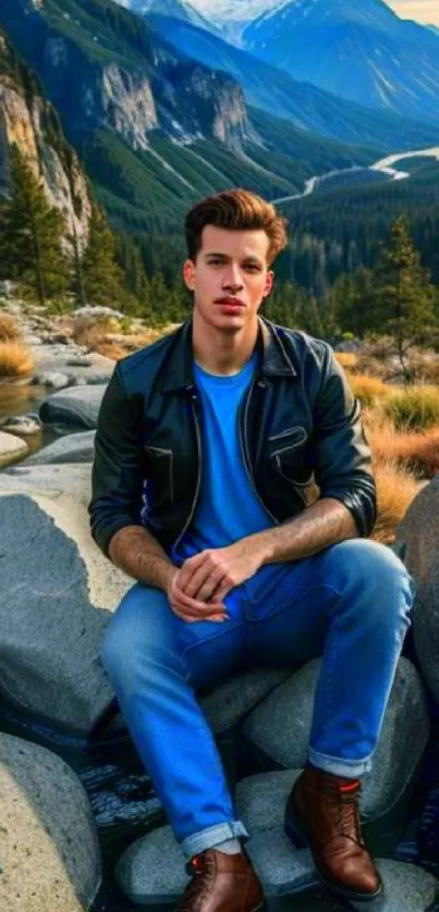 Man in casual outfit sitting against a scenic mountain backdrop.