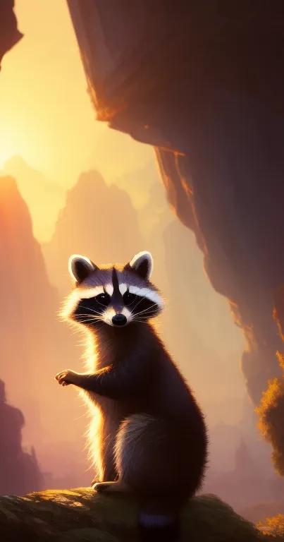 Raccoon in a serene mountain landscape at sunset.