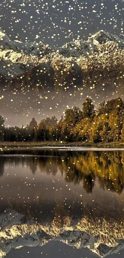 Snow-capped mountains reflecting in a tranquil lake, surrounded by autumn trees.