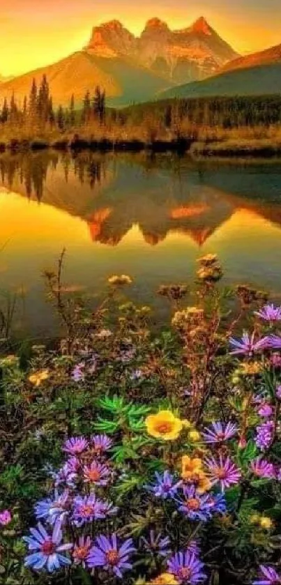 Mountain reflection with colorful wildflowers at sunset.