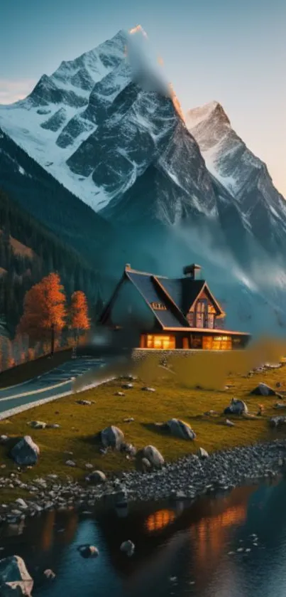 A cozy cabin by a lake with towering snow-capped mountains at dusk.