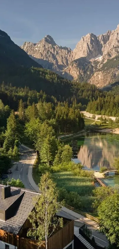 Scenic mountain retreat with lake and greenery.