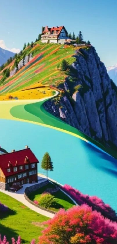 Scenic mountain landscape with colorful houses and vibrant nature.