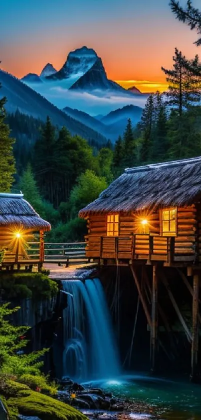 Mountain cabins overlooking a waterfall at sunset with lush greenery.
