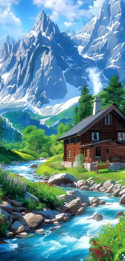 Peaceful mountain cabin by a flowing river.