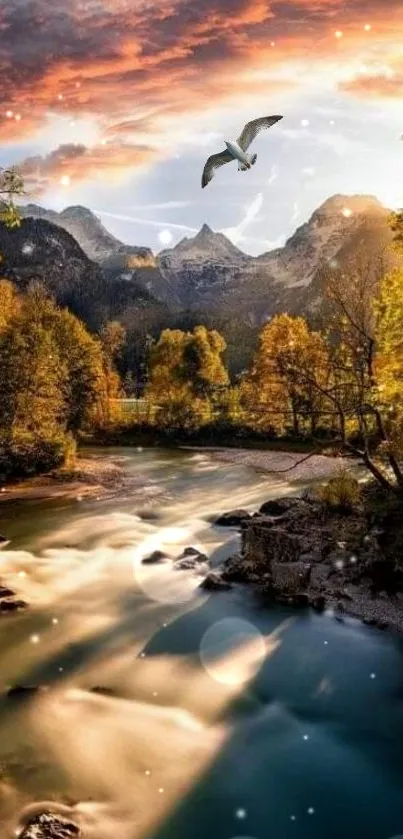 Scenic mountain river at sunset with autumn colors and bird in flight.