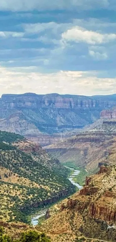 Scenic river canyon view with mountains and sky.