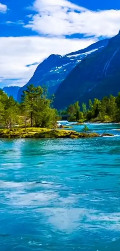 Mountain river with clear blue water and lush green forest under a vibrant sky.