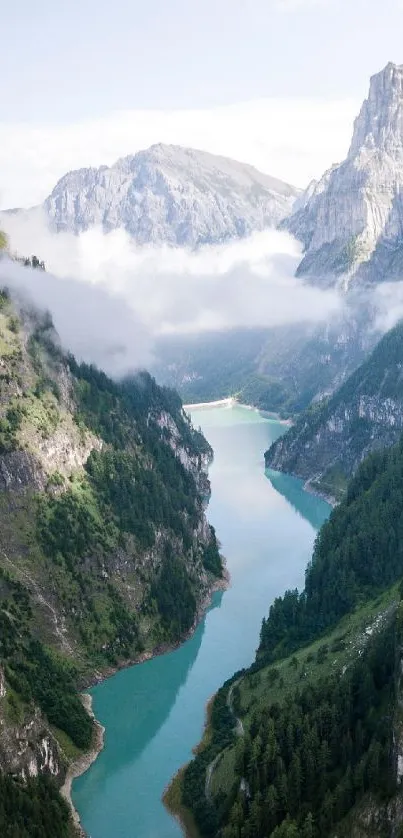 A breathtaking view of a turquoise river winding between steep, green mountains.