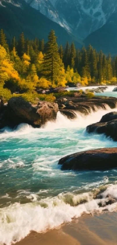 Vibrant river flowing through mountainous landscape with fall foliage.