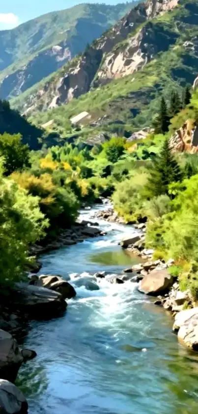 Scenic mountain river flowing through lush greenery and rocky landscape.