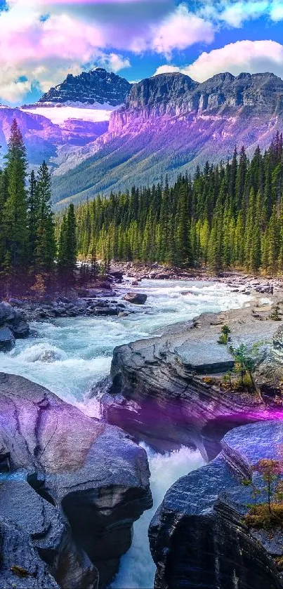 Scenic view of a mountain river flanked by trees and rocky formations.