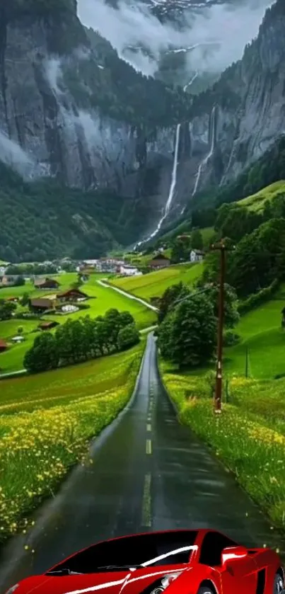 Scenic mountain road with red car and waterfalls.
