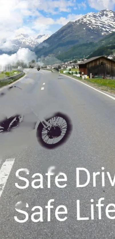 Mountain road with safe drive message and motorcycle.