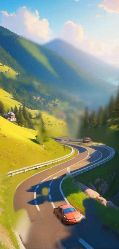 A picturesque mountain road with lush greenery and clear skies on a sunny day.