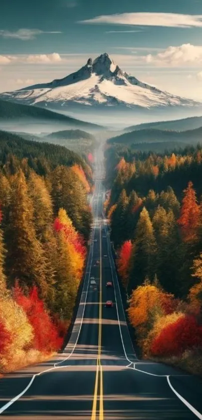 Scenic mountain road with autumn colors, leading to a snow-capped peak.
