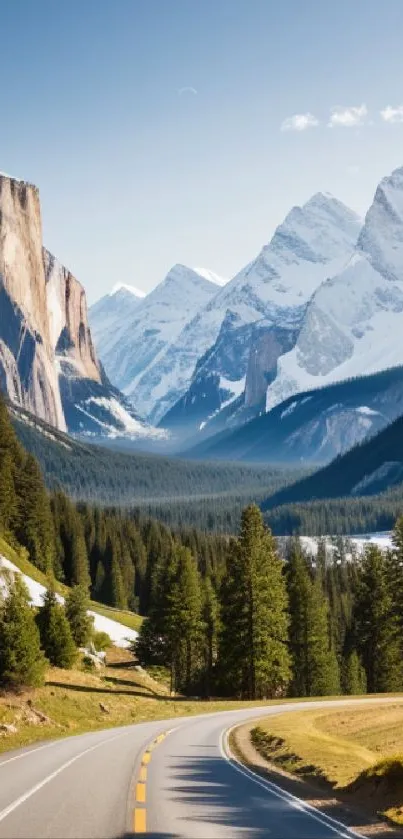 Scenic mountain road with lush greenery and snowy peaks.