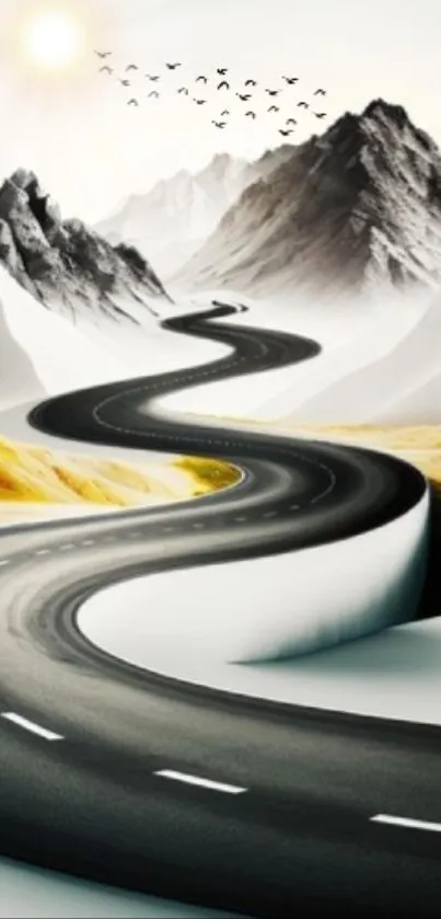 Winding road through mountain landscape with birds flying above.