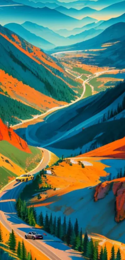 Vibrant mountain road with colorful scenery for mobile wallpaper.