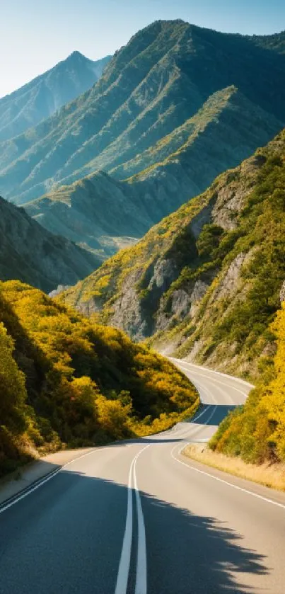 Scenic road winding through lush green and golden mountain landscape.