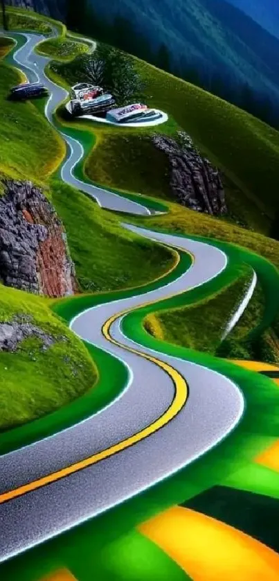 Curving road through lush green mountains.