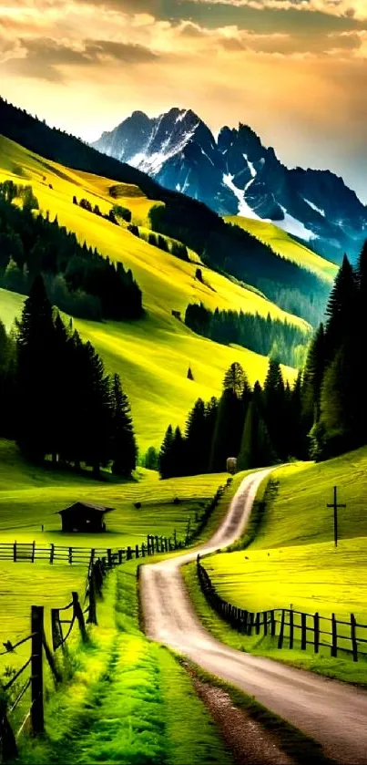 Mobile wallpaper of a scenic road in lush green hills with mountain views.