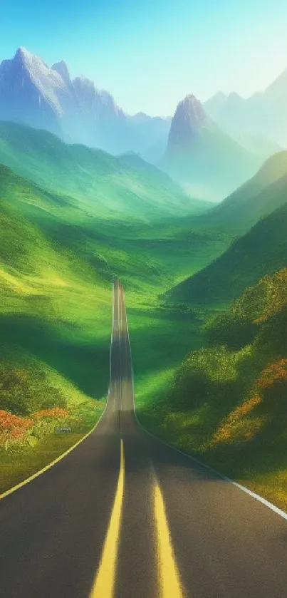 Stunning mountain road wallpaper with vibrant green scenery and peaks.