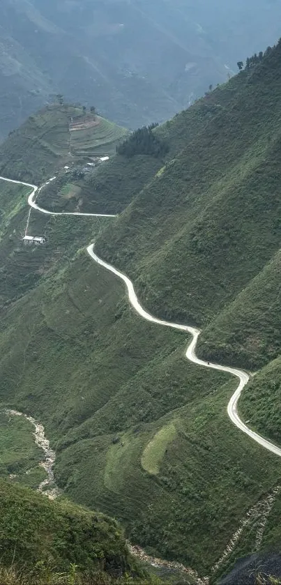 Winding road through lush green mountain hills.