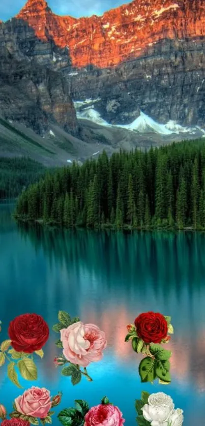 Mountain lake with roses at sunset, vibrant colors.