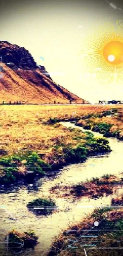 A picturesque mountain stream under sunlight, surrounded by nature.