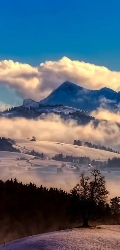 Misty mountain sunrise with lone tree and vibrant sky.