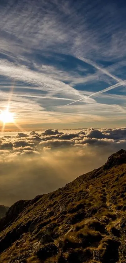 Majestic sunrise over mountain with vibrant sky and rolling clouds.