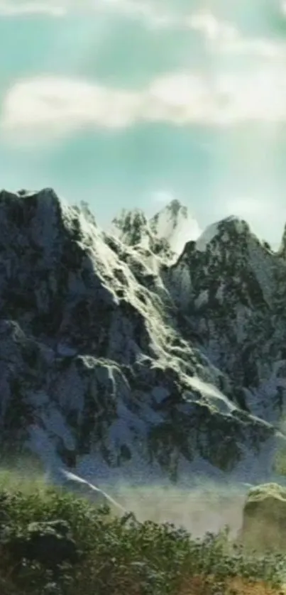 Scenic mountain landscape with a serene sunrise and rocky peaks.