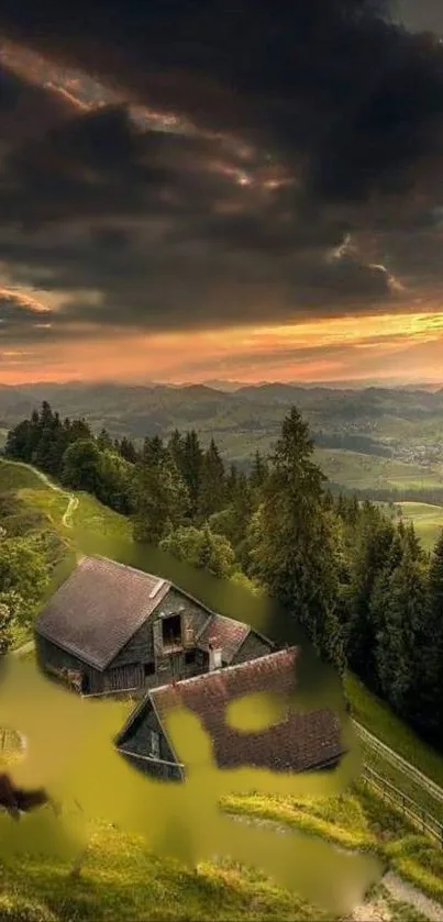 Stunning sunset over lush green mountains and countryside.