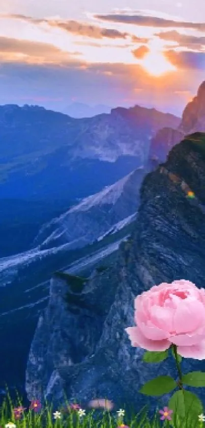 Stunning mountain landscape with flowers under a colorful sunset sky.