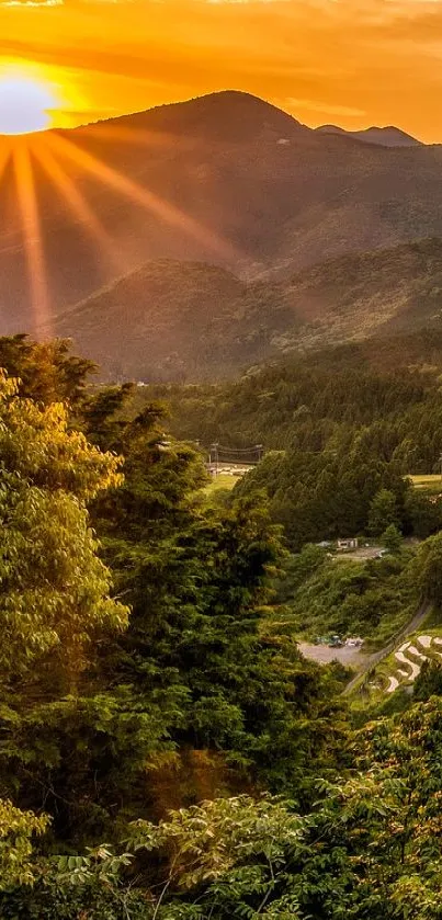 Sunset over terraced mountains with vibrant orange hues.