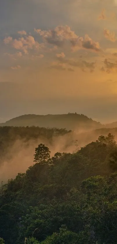 Mountain sunset with greenery and a silhouetted pagoda against a golden sky.