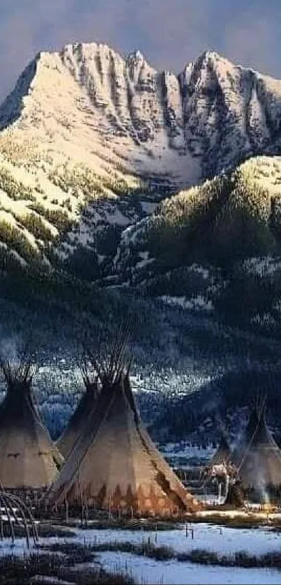 Peaceful mountain scene with teepees and a snowy peak in the background.