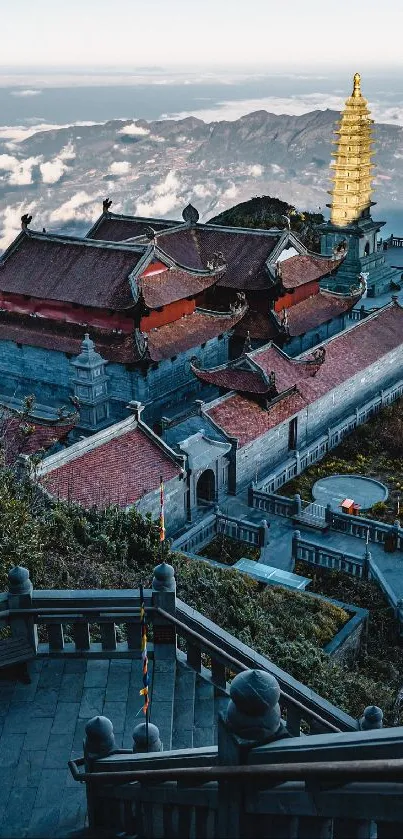 Scenic view of a mountain temple with traditional architecture.