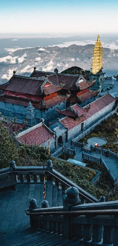 Majestic mountain temple with cloudy sky view.